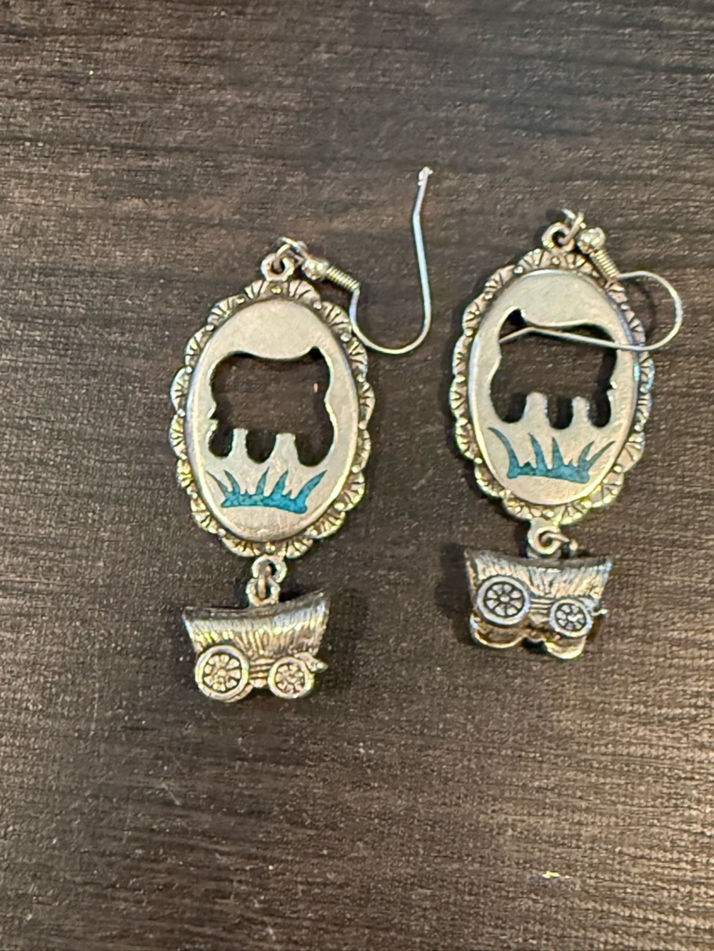 Silver and Turquoise Cow and Wagon Dangle Earrings with Teal Accent